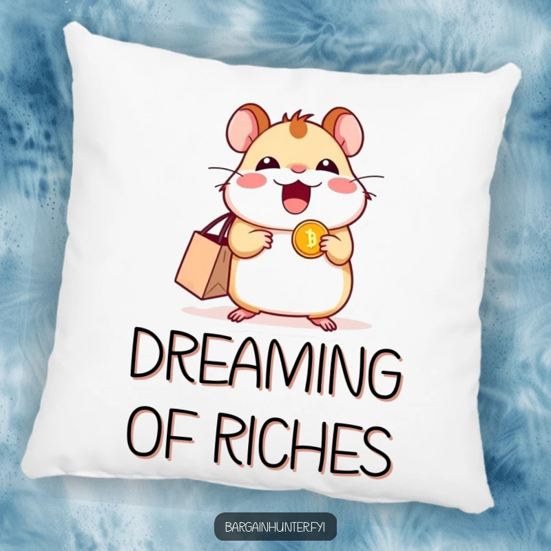 Funny excited hamster pillow featuring a shopping bag and a shiny coin, perfect for cozying up after a shopping spree.