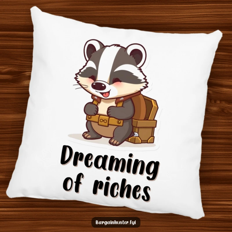 Funny badger pillow depicting a curious badger with a backpack excitedly peering into a treasure chest.