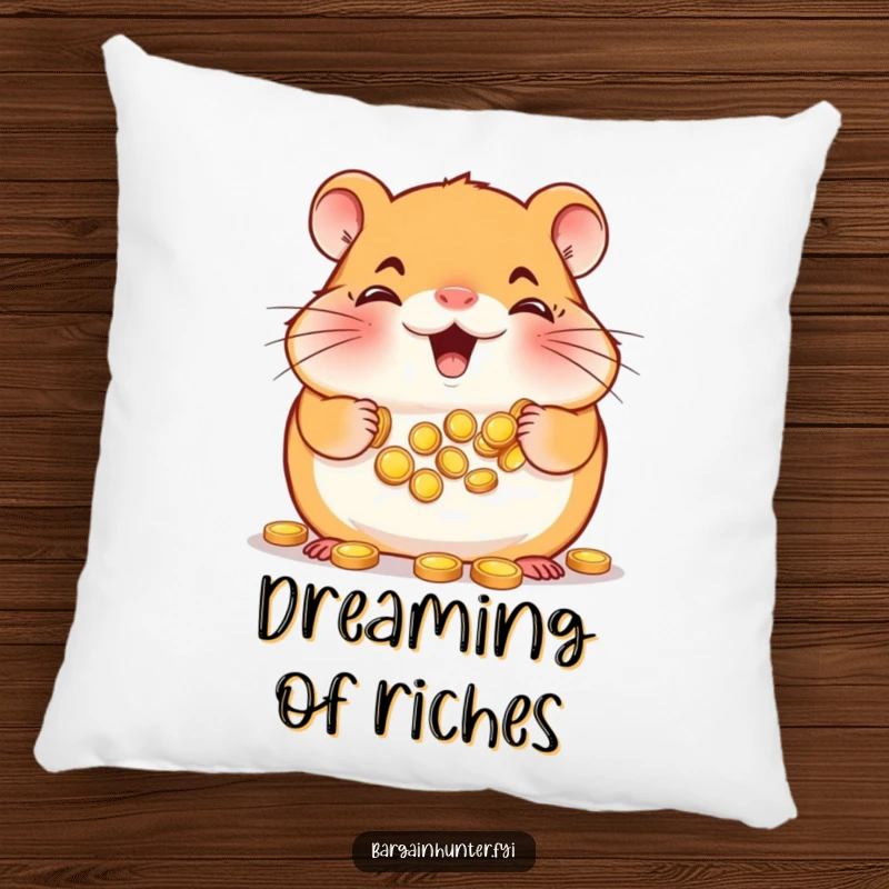 Funny Hamster Pillow: Smiling hamster with cheeks full of tiny gold coins, soft and plush for cozy savings.
