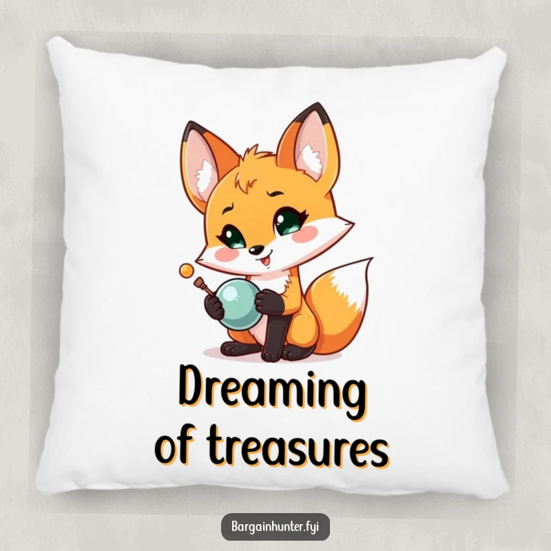 Funny Fox Treasure Pillow: A proud fox happily shows off a shiny object, bringing playful pride to any room.