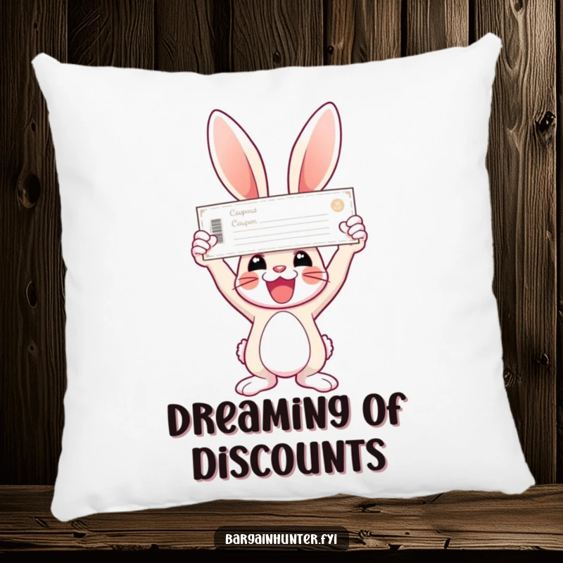Funny bunny pillow showing a joyful bunny holding a giant coupon triumphantly.