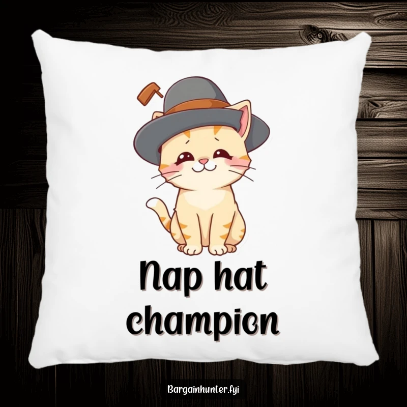 Funny cat pillow featuring a playful cat character looking amused while wearing an oversized hat, bringing comfort and cheer.