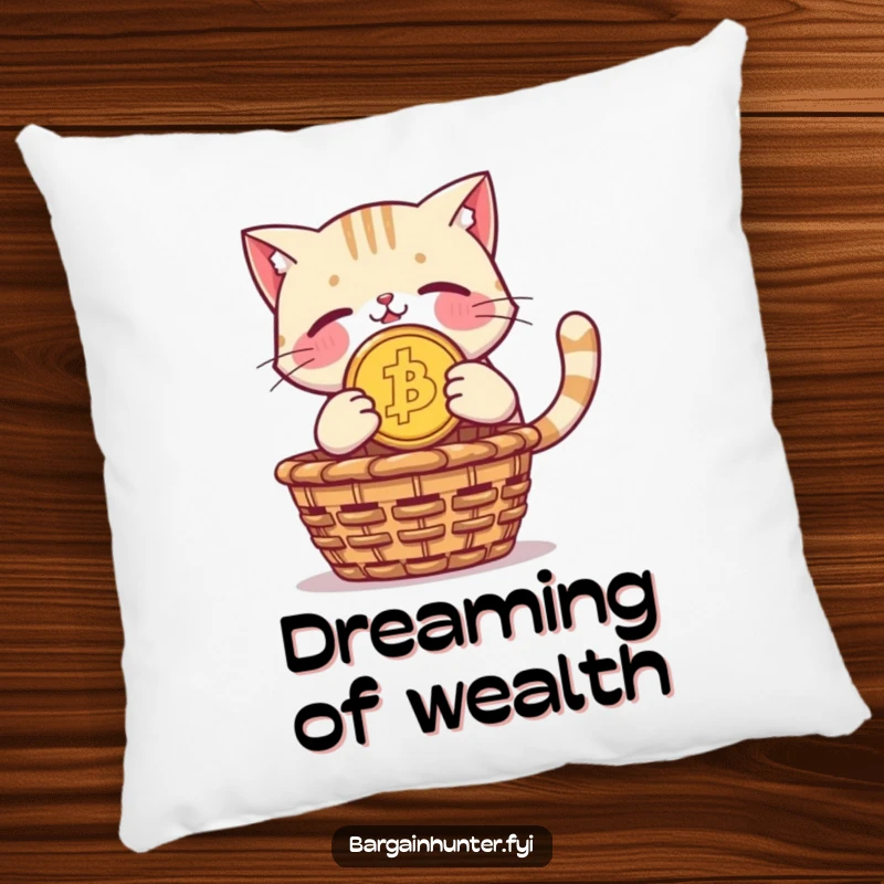 Funny pillow: a proud cat dives with a giant coin towards a treasure basket, soft and cuddly.