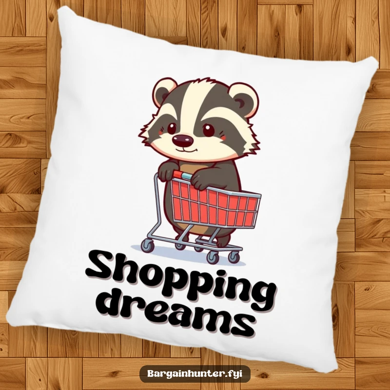 Funny Badger Pillow: A determined badger with a shopping trolley, bringing humorous comfort and a symbol of focus to any room.