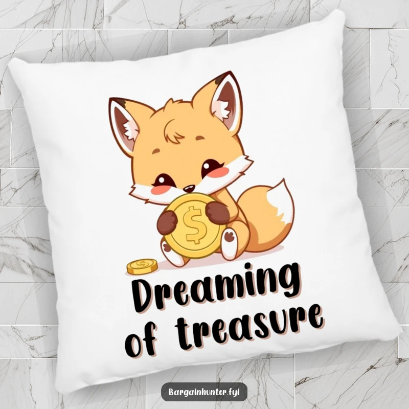 Funny pillow featuring a mischievous fox cub hiding a shiny coin, offering playful comfort and humorous charm to any room.
