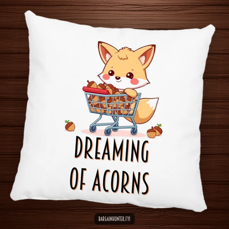 Funny happy fox with a shopping cart full of acorns, a soft pillow for cozy woodland moments.