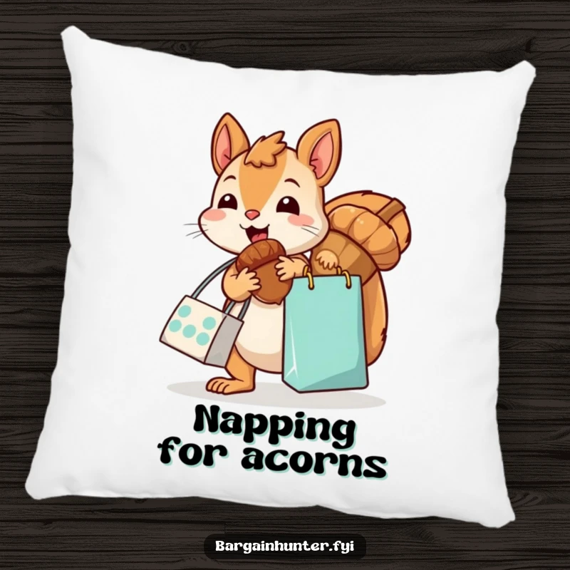 Funny, kawaii squirrel with a shopping bag, excitedly grabbing an oversized acorn, printed on a plush pillow, creating a humorous and cozy accent.
