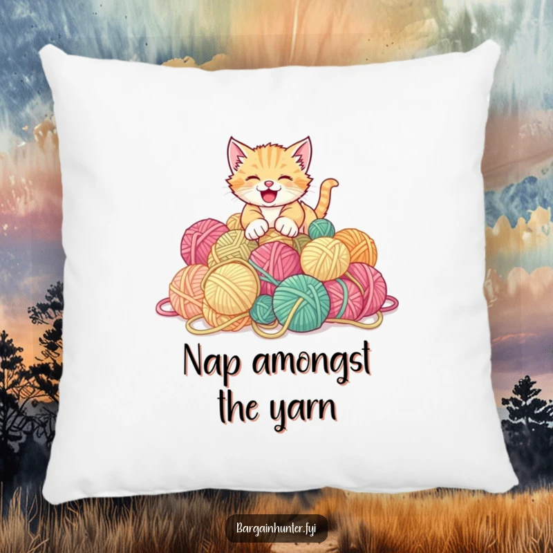 Funny kitten pillow depicting a playful kitten gleefully pouncing on a pile of discounted yarn balls.