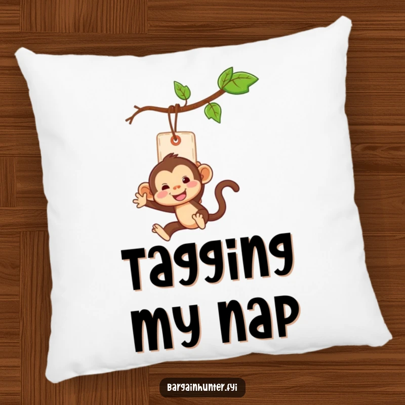 Funny monkey swinging from a price tag as a decorative pillow, soft and humorous home accessory.