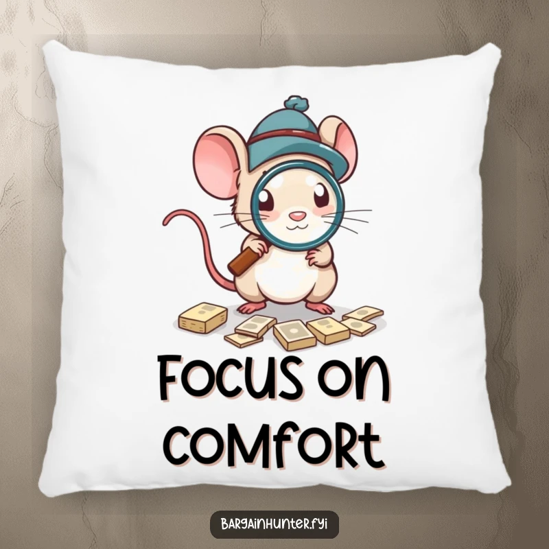 Funny Pillow featuring a mouse with a magnifying glass, highlighting the joy of finding deals.