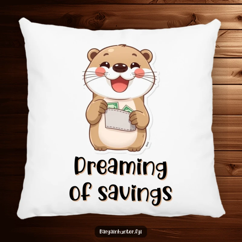 Funny Otter Pillow: A delighted otter proudly displays its pocket change. Humorous and comfortable decorative pillow.