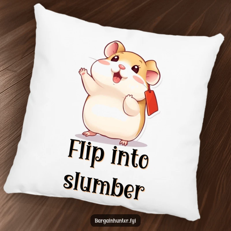 Funny playful hamster with a red ear tag, doing a dynamic flip, a soft pillow for playful comfort.