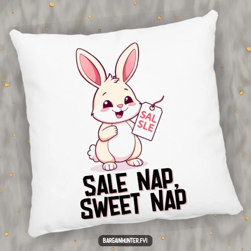 Funny Rabbit Pillow: A cheerful rabbit inspects a sale tag with glee, bringing cozy humor. Soft and amusing decorative pillow.