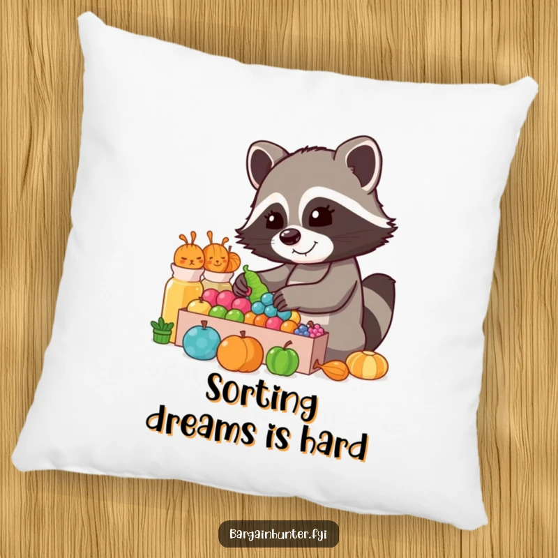 Funny Raccoon Collector Pillow: A cheerful raccoon sorts through a colorful display, perfect for adding humor to any lounge.