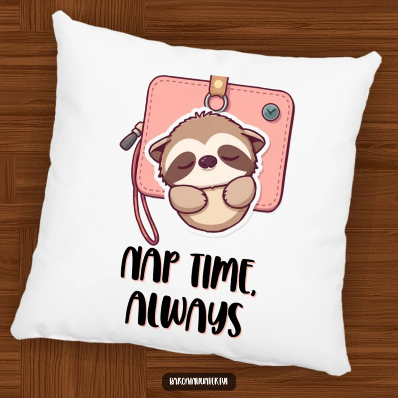 Funny pillow featuring a sleepy sloth hanging from a wallet, smiling gently, offering peaceful comfort and humorous charm.