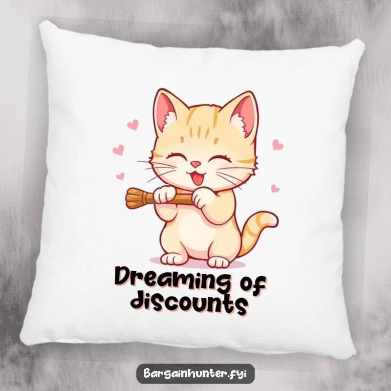 Funny Sweet Kitten Pillow with a kitten batting at a dangling discount price, offering comfort and playful bargain humor.