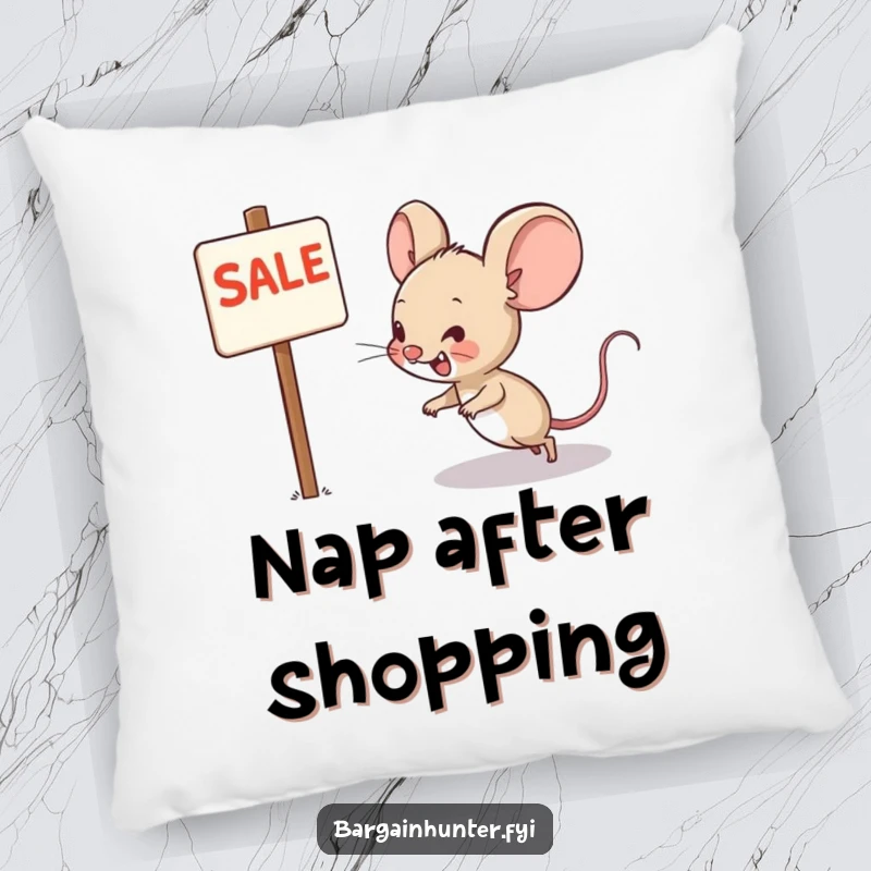 Funny pillow featuring a grinning mouse character racing towards a sale sign, a humorous touch for any seat.