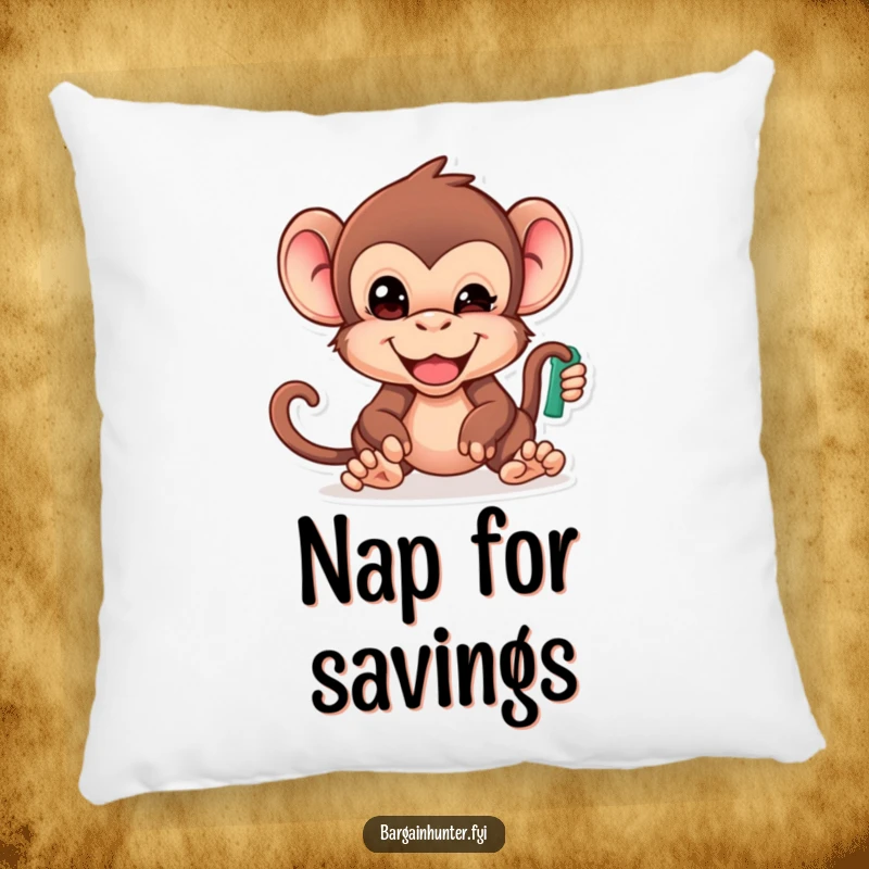 Funny Monkey Pillow: Cheeky primate with determined face reaching for the lowest priced item, soft and huggable for humor.