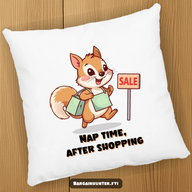 Funny squirrel pillow showing a determined squirrel leaping with a shopping bag towards a sale sign.