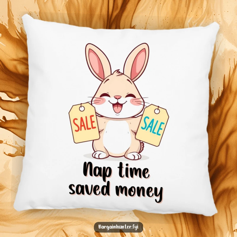 Funny Pillow featuring a happy rabbit comparing shopping sale tags, adding a touch of humor to any couch.