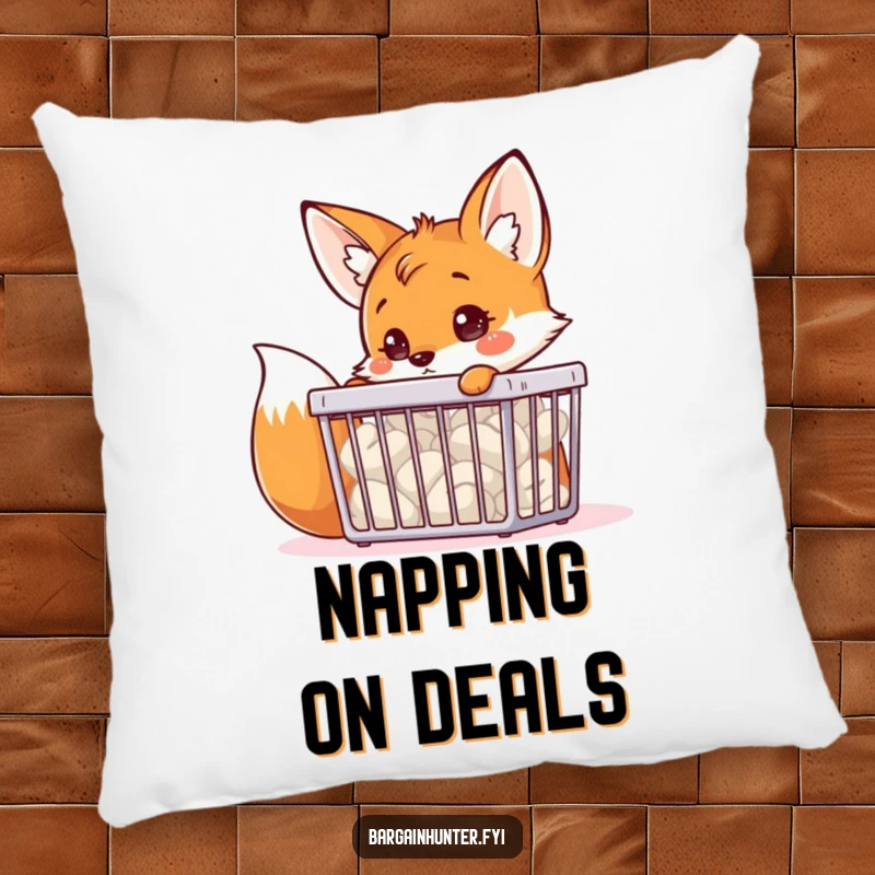 A plush pillow featuring a curious, funny fox peering into a bargain bin, perfect for funny decor.