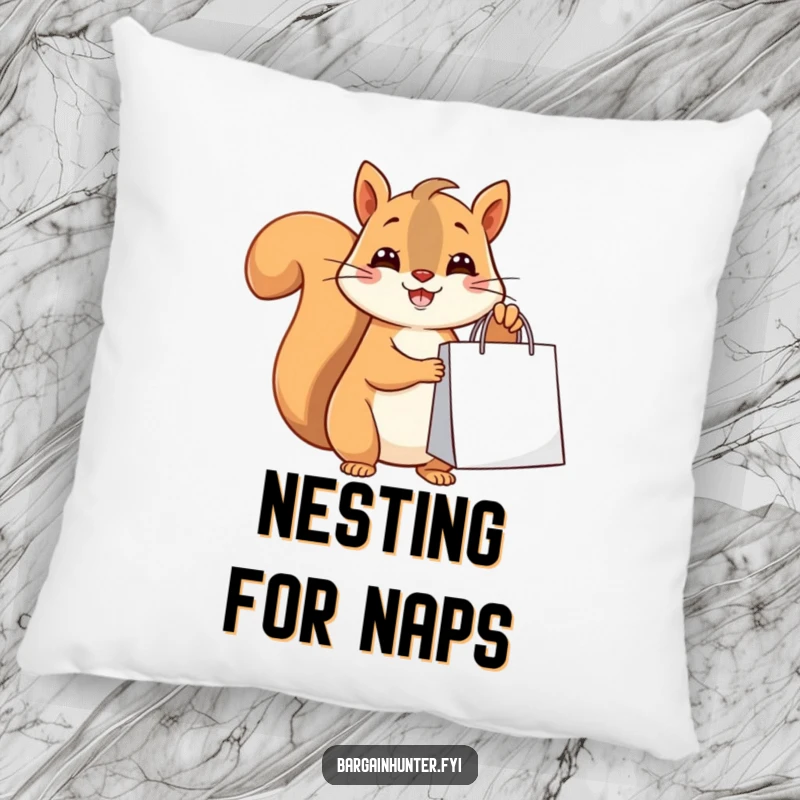 Funny happy squirrel holding a shopping bag, a soft and humorous decorative pillow.