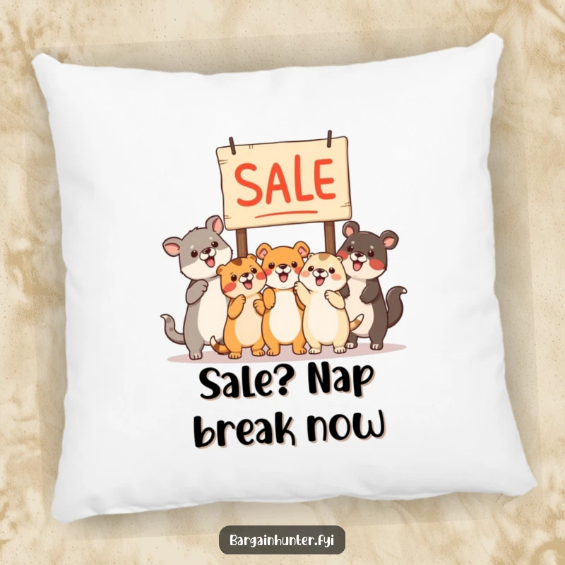 Funny animals pointing at a sale sign as a decorative pillow, soft and humorous home accessory.