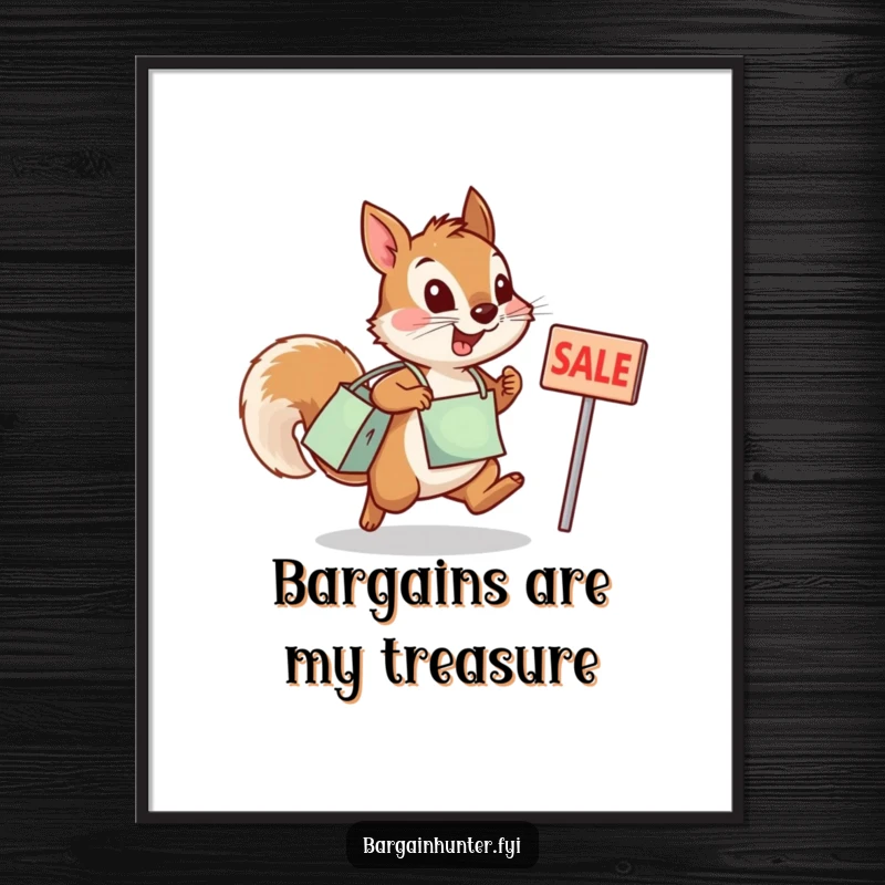 Funny digital art print of a determined squirrel with a shopping bag leaping enthusiastically towards a sale sign.