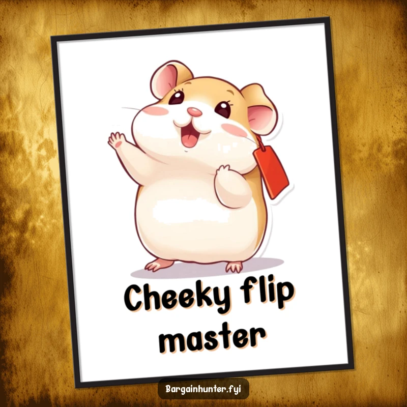 Funny playful hamster with a red ear tag, doing a dynamic flip, a digital art print for instant energy.