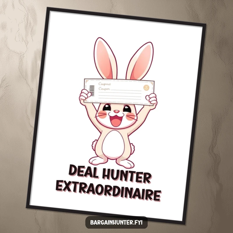 Funny digital art print of a joyful bunny triumphantly holding a giant coupon aloft.