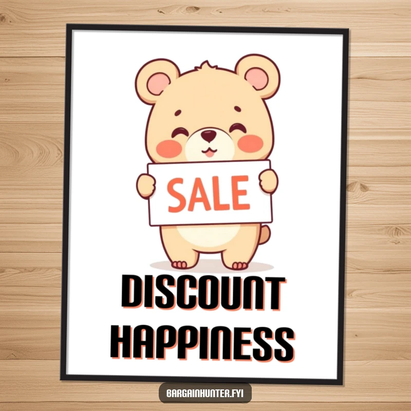 Funny digital art print of a cheerful bear cub holding and waving a sale sign.