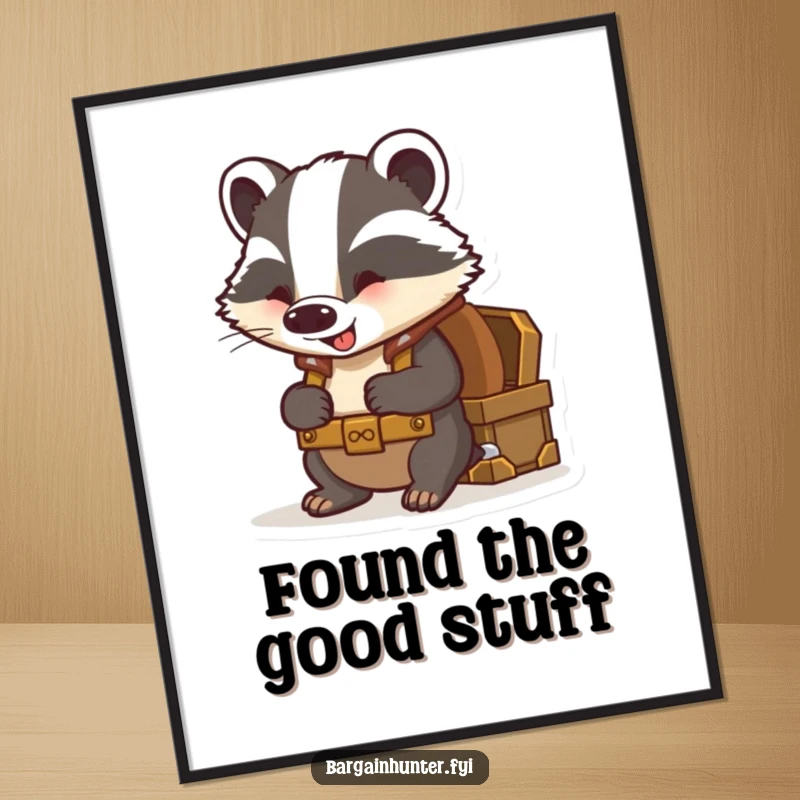 Funny digital art print of a curious badger wearing a backpack, excitedly peering into a treasure chest.