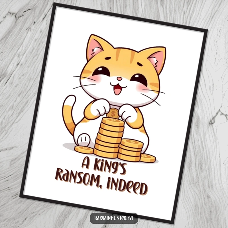 Funny cat digital art print of a gleeful character happily counting a large stack of coins, ready for instant wall decoration.