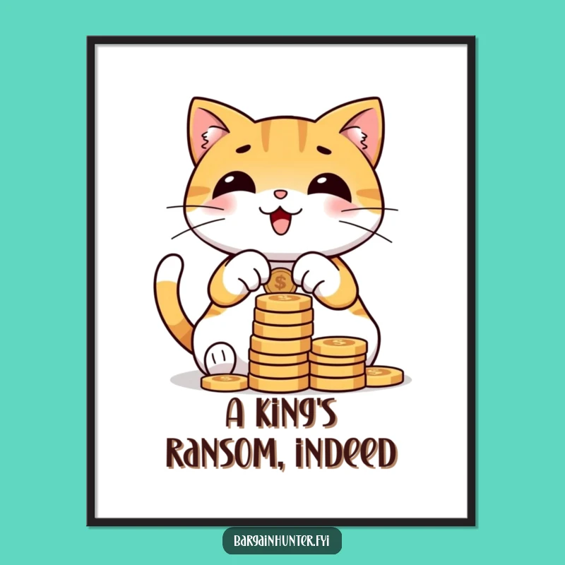 Funny Cat Counting Coins Digital Art Print: Instant Wealthy Humor Decor