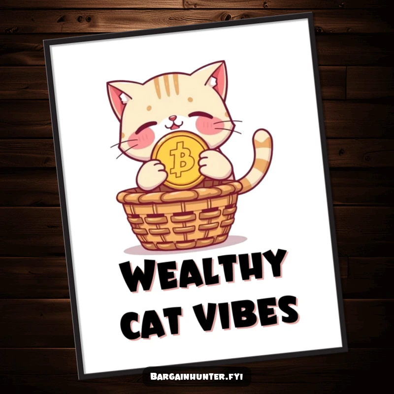 Funny digital art: a proud cat dives with a giant coin towards a treasure basket with determination.