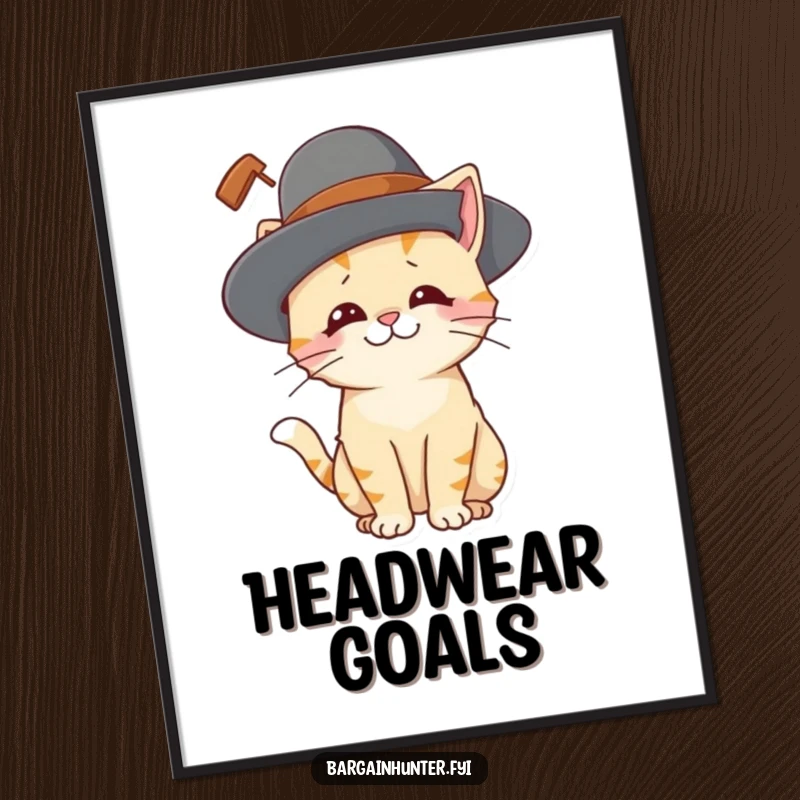 Funny cat digital art print of a playful cat character looking amused while wearing a ridiculously large hat, perfect for humorous decor.