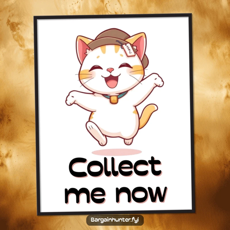 Funny digital art print of a delighted cat wearing a price tag hat, in a funny, energetic leap.