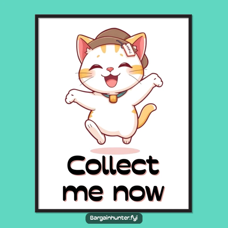 Funny Cat Leap Digital Print: Delighted Feline in Hat with Price Tag - Instant Joy