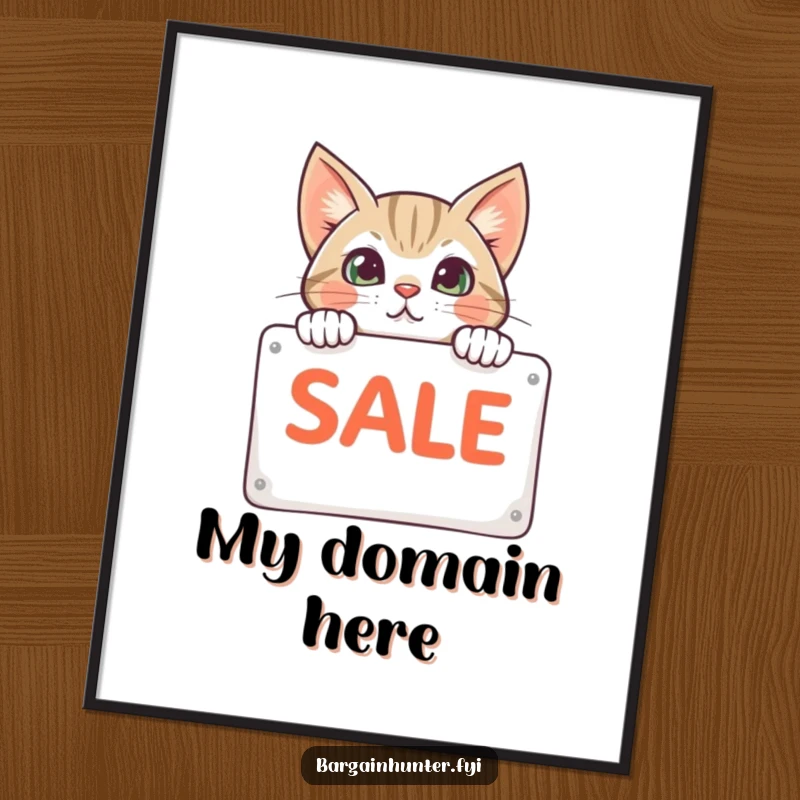 Funny cat peeking from behind a sale sign, printable digital art capturing a curious shopper's delight, great wall decor.