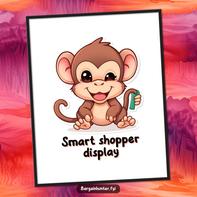 Funny Monkey Digital Art Print: Cheeky primate with determined face reaching for the lowest priced item, high-resolution for instant decor.