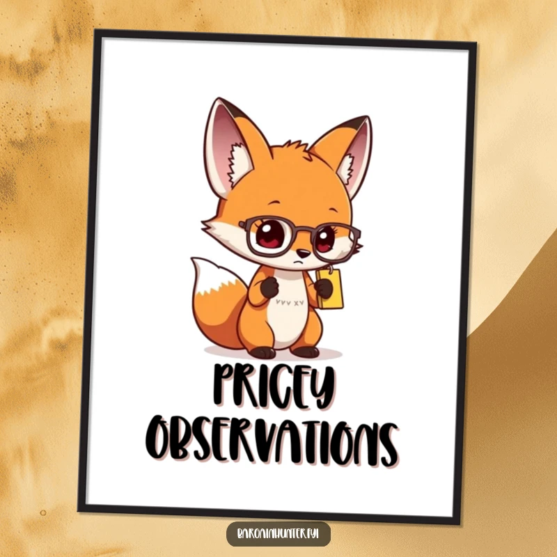 Funny curious fox digital art print showing a character with spectacles intently examining a price tag, a smart and witty artwork.