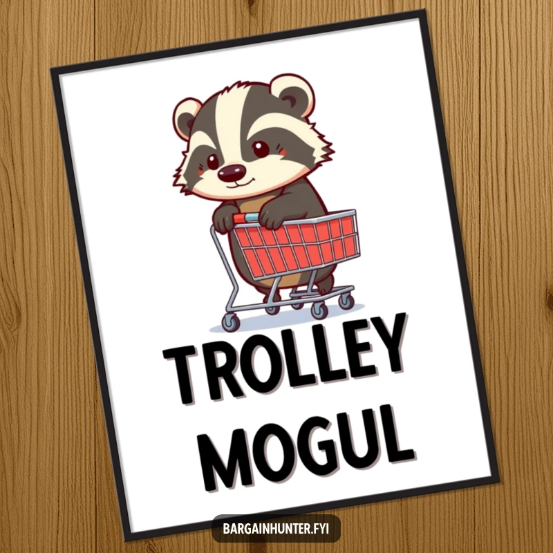 Funny Badger Digital Art: A determined badger holding a shopping trolley, a humorous and motivational piece for instant wall decor.