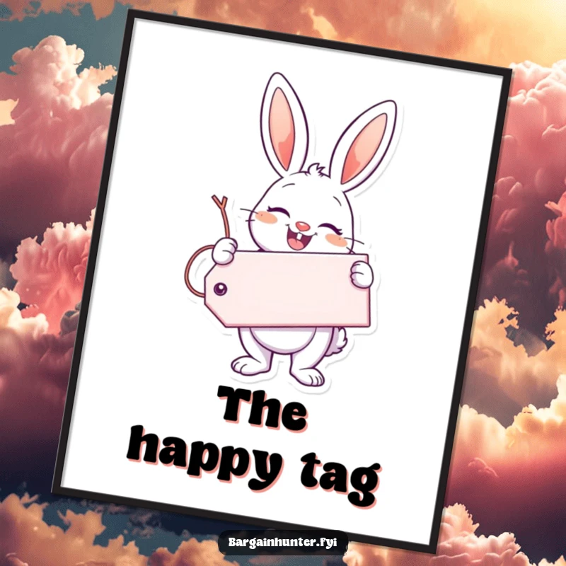 Funny Enthusiastic Bunny Digital Art Print of a bunny holding a giant smile-filled tag, bringing instant cheer and humor.