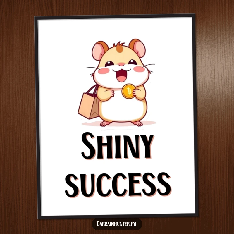 Funny excited hamster digital art print featuring a shopping bag and a shiny coin, symbolizing the joy of shopping.