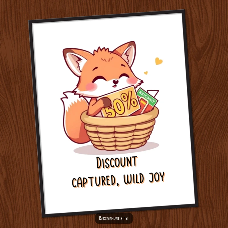 Funny Fox Digital Art Print: A playful fox is stuffing a huge discount into a basket. High-resolution humorous artwork for clever bargain hunters.