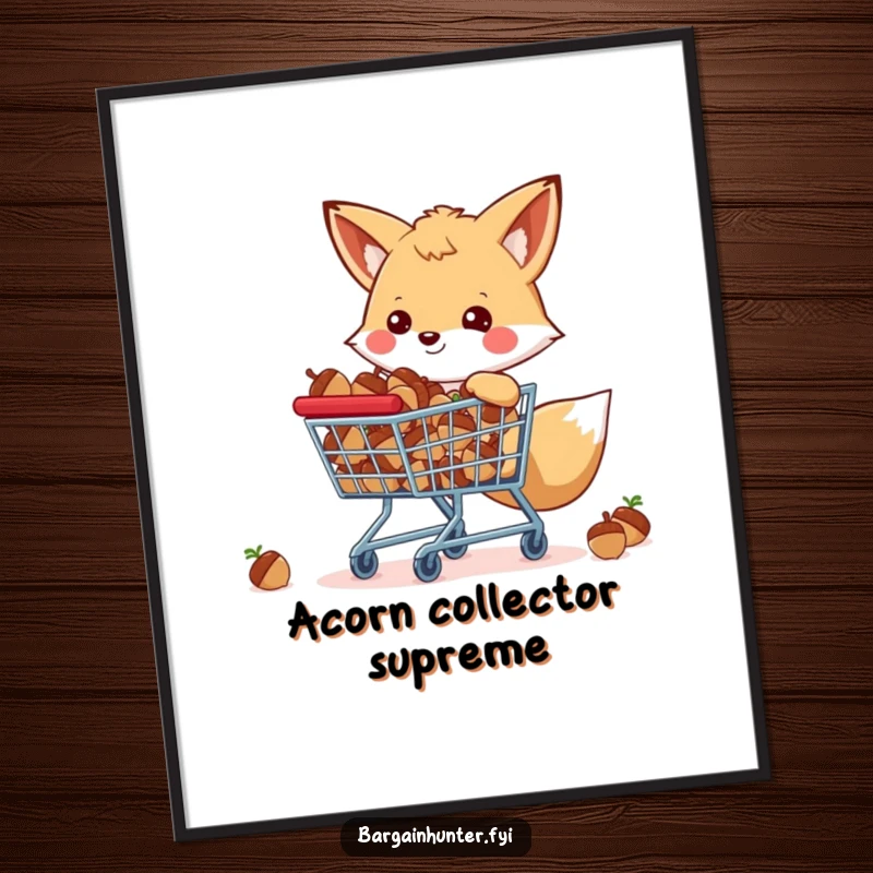 Funny happy fox with a shopping cart full of acorns, a digital art print for instant woodland charm.