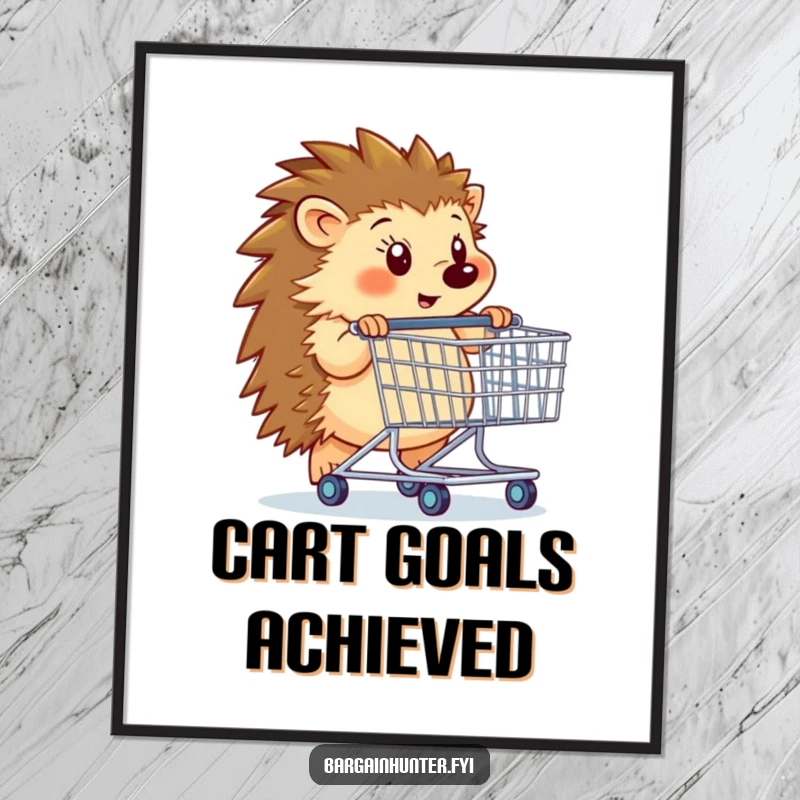 Funny hedgehog pushing a comically large shopping cart, high-resolution digital art print for instant download.
