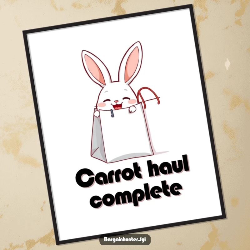 Funny joyful rabbit peeking out from a giant shopping bag, a digital art print for instant charm.