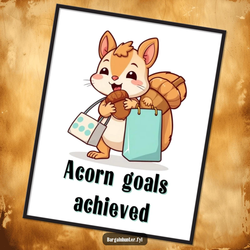 Funny, kawaii squirrel with a shopping bag, excitedly grabbing an oversized acorn, as a digital art print, perfect for instant humorous decor.