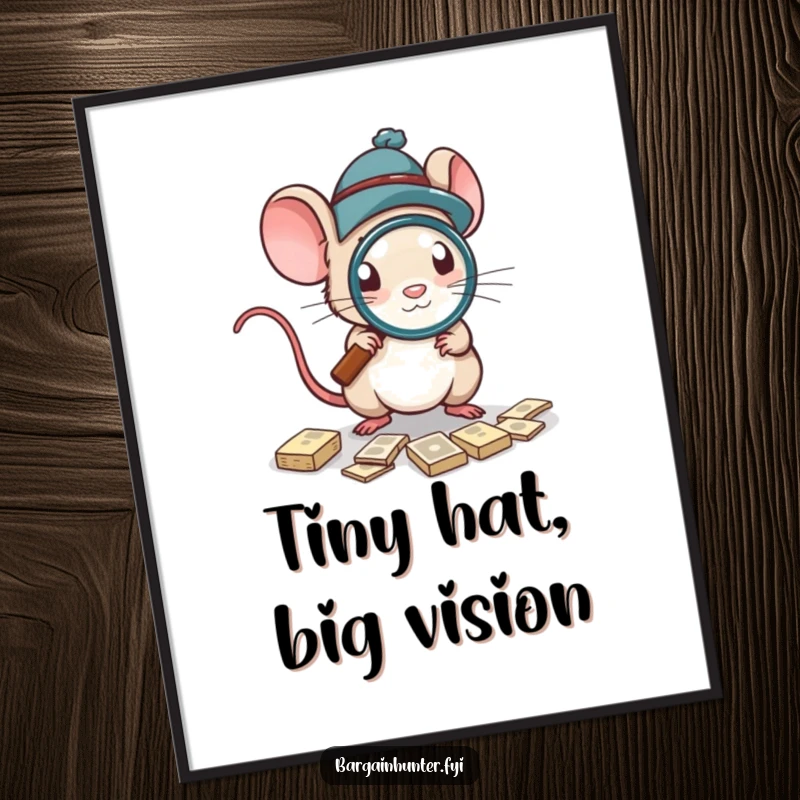 Funny Digital Art Print of a mouse in a hat using a magnifying glass to hunt for deals.